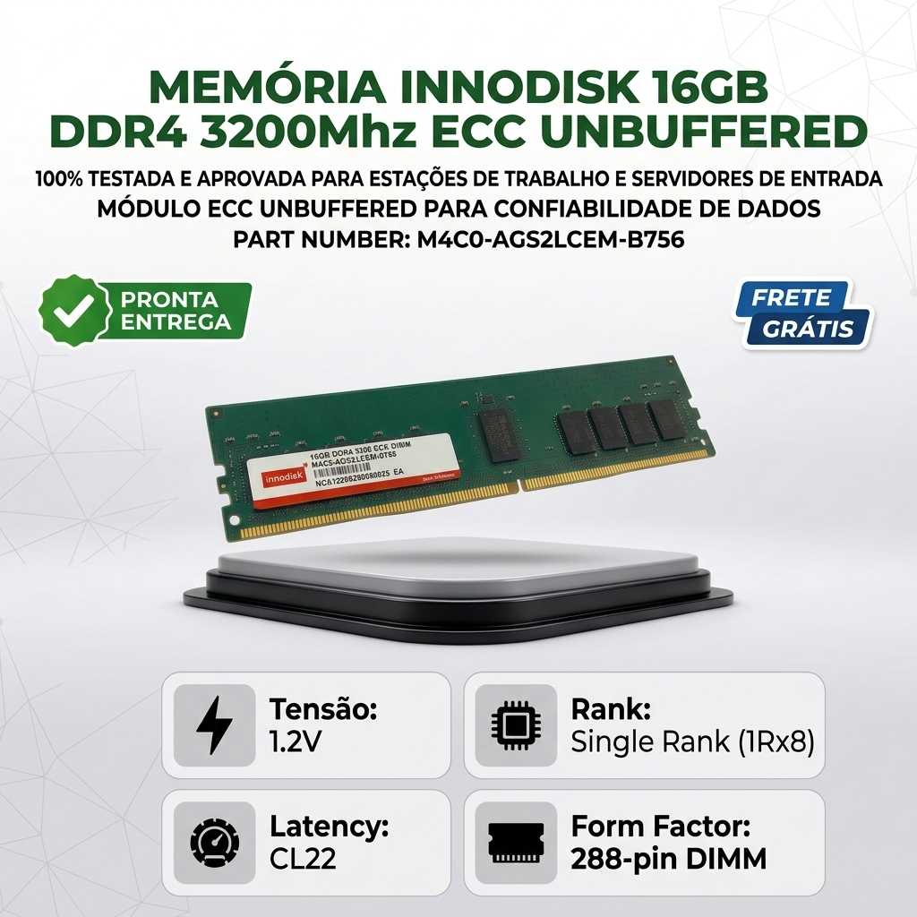 Memória 16GB Innodisk DDR4 3200 ECC Unbuffered Server UDIMM M4C0-AGS2LCEM-B756