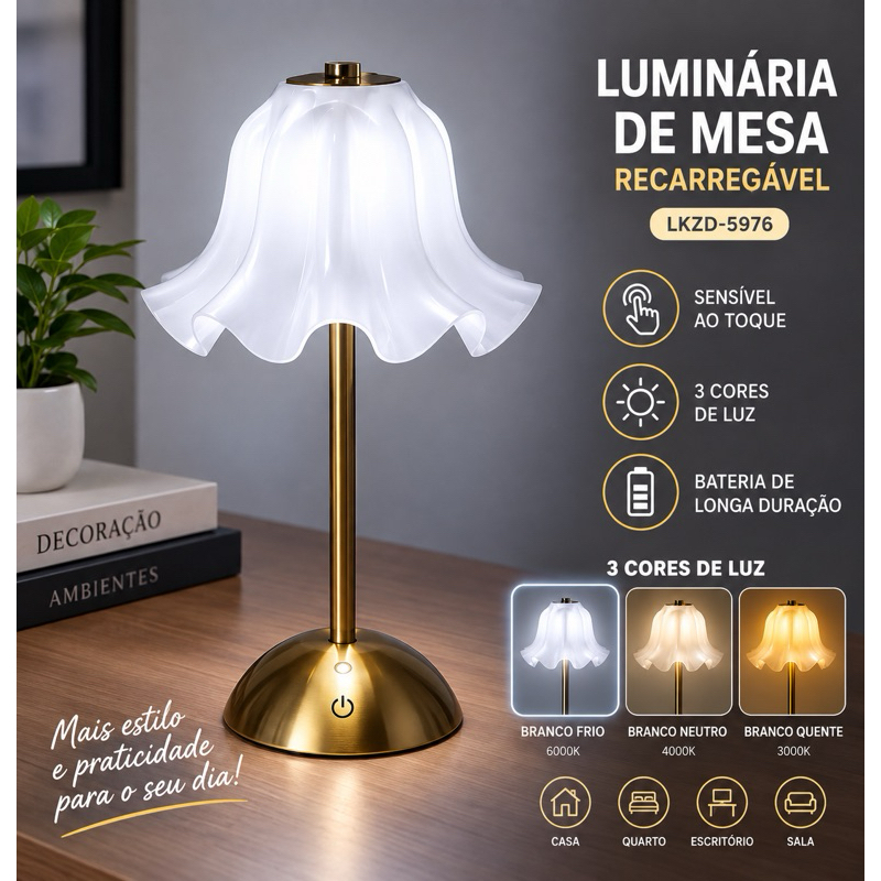 Luminária de Mesa Recarregável Touch 3 Cores de Luz LED USB Sem Fio Decorativa Casa Quarto Sala Cozinha