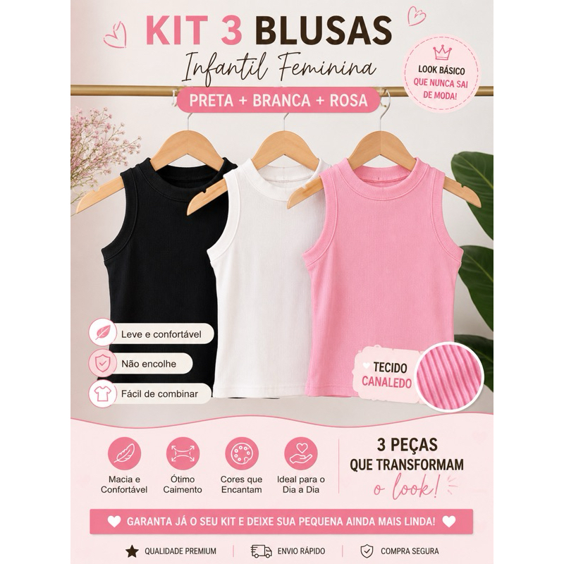 Kit 3 Blusinhas Infantil Feminina Canelada Regata Básica Menina Confortável