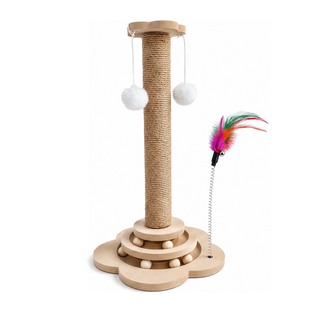 Arranhador 4 em 1 para Gatos com Torre em Sisal, Bolinhas Giratórias, Bolas, Sisal e Haste Flexível