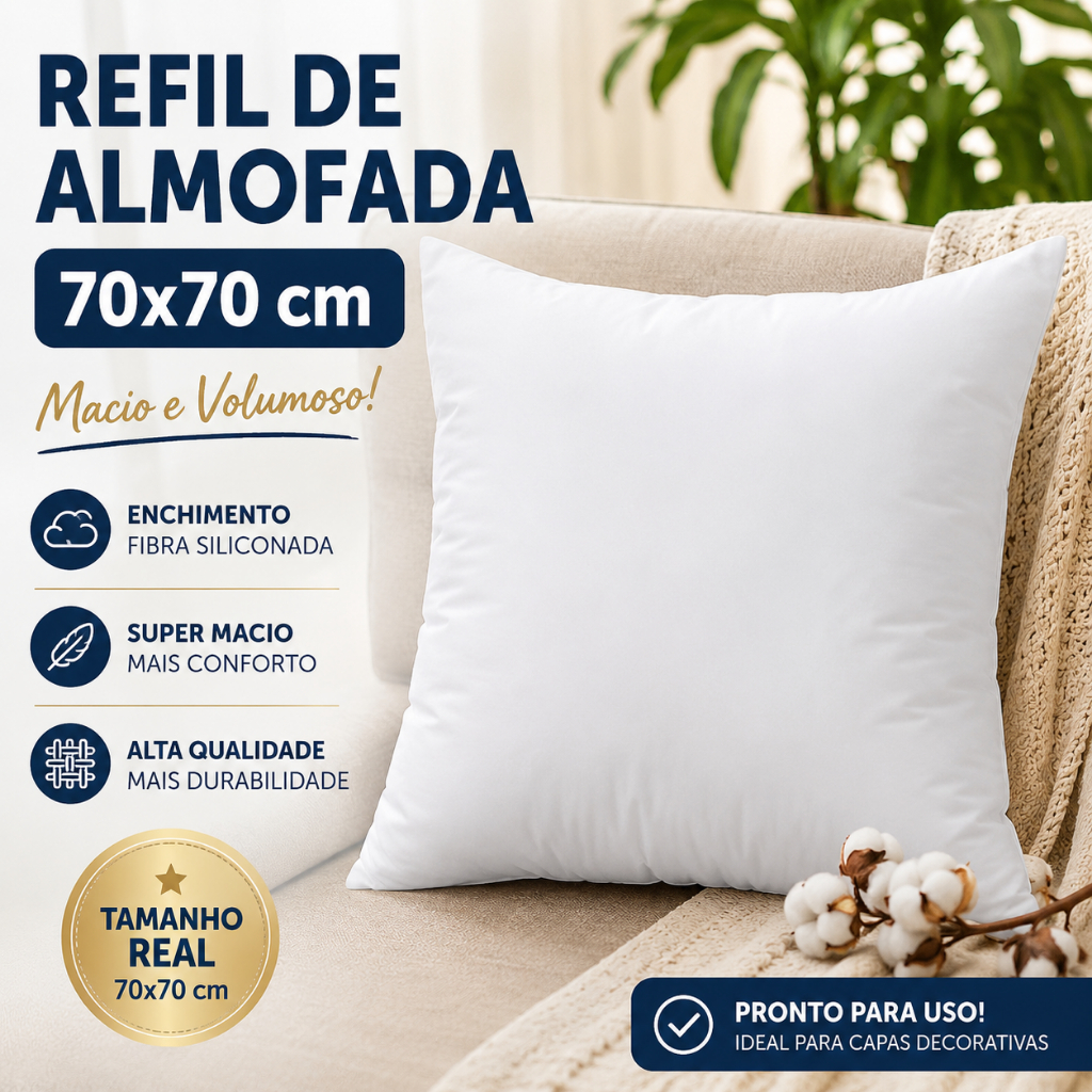 Refil Almofada Grande 70x70 cm Macio Fofo Fibra Siliconada