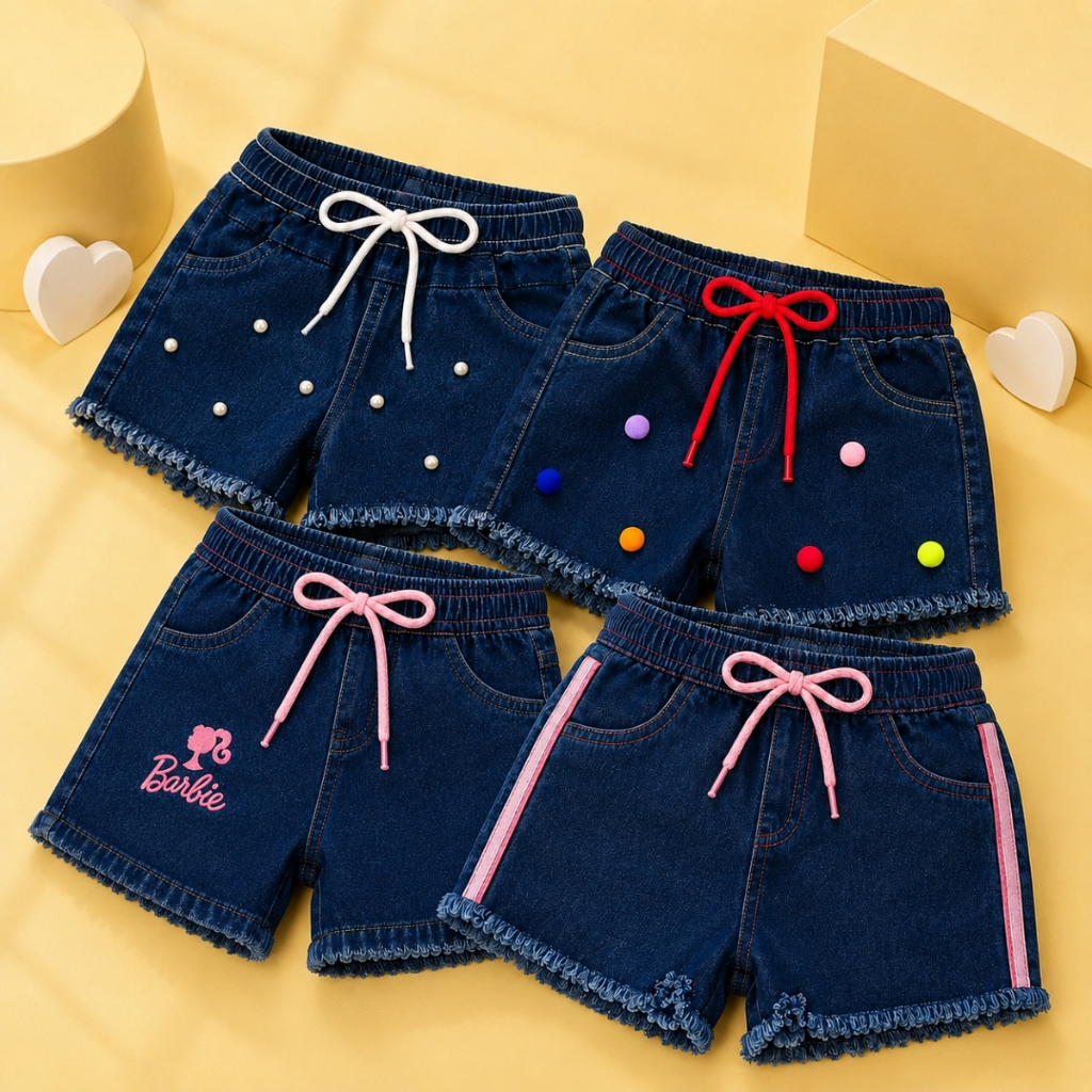 Kit 4 Short Jeans Infantil Feminino Moda Verão com Cordão e Detalhes Diferenciados