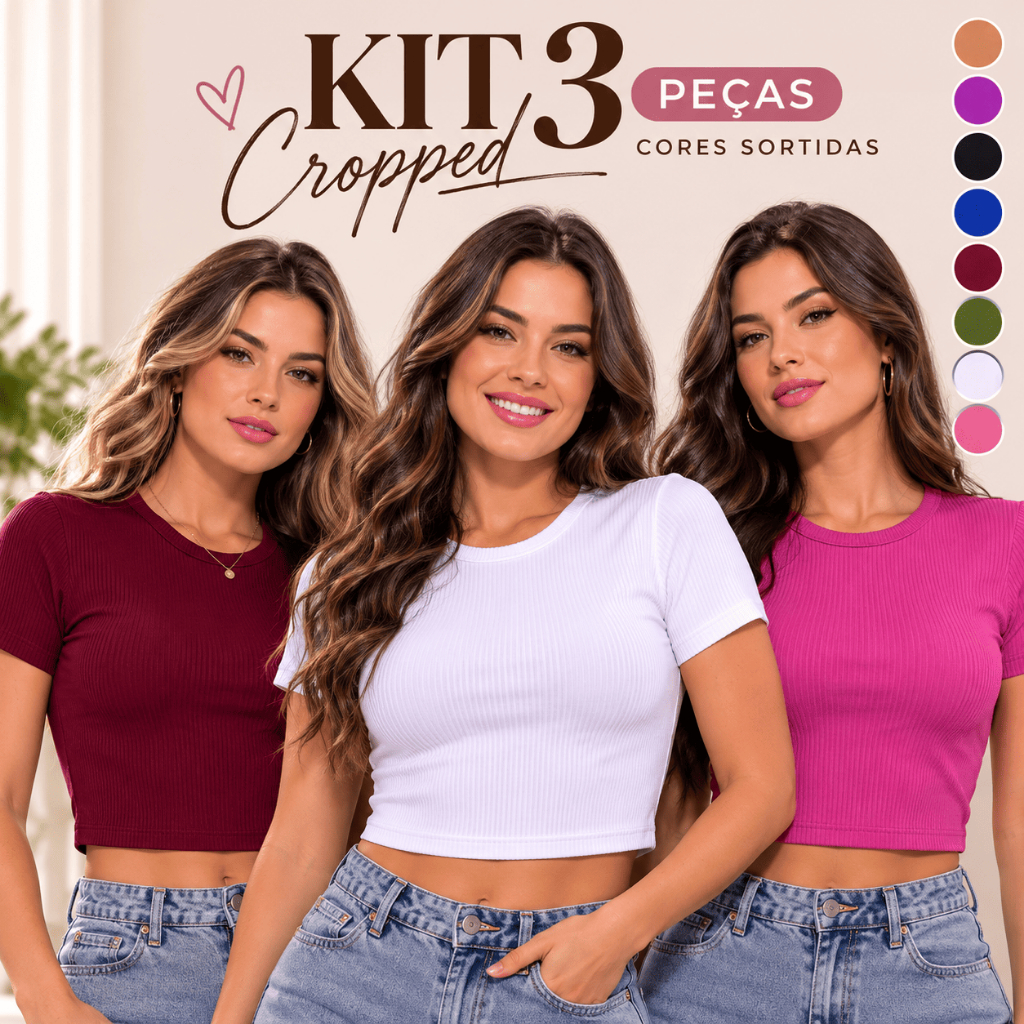 KIT 3 BLUSAS CROPPED MALHA CANELADA VERÃO CONFORTO ESTILO VÁRIAS CORES P AO GG ACABAMENTO PREMIUM