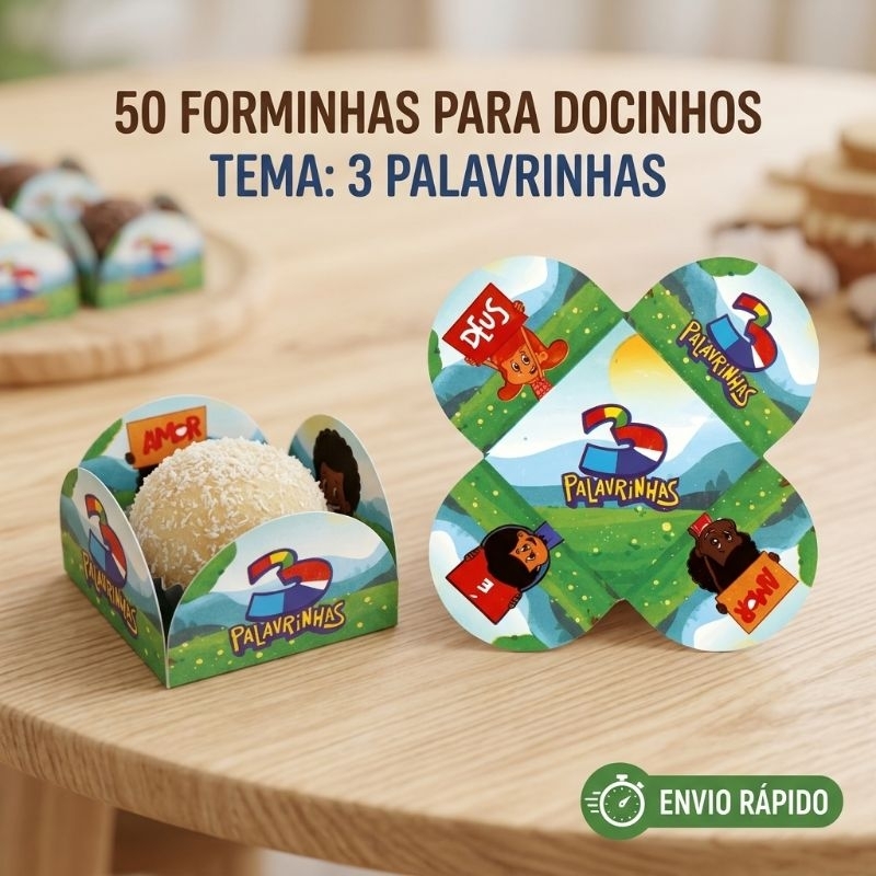 Kit 50 Forminhas Para Docinhos 3 Palavrinhas Festa Infantil Cristã - Forminha 4 Pétalas Brigadeiro Beijinho aniversário