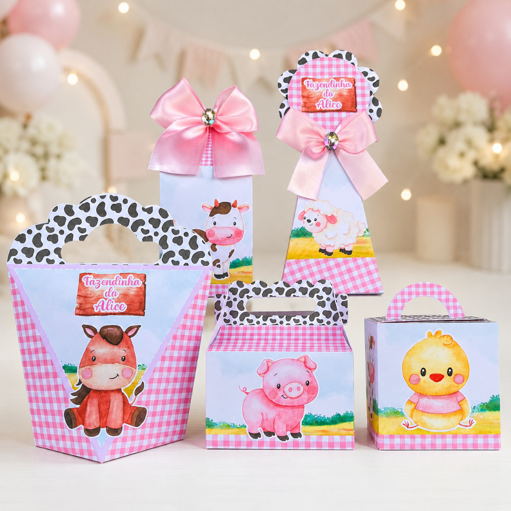 Kit Festa Fazendinha Rosa Personalizado Caixinhas para Lembrancinhas Fácil Montagem Envio Rápido