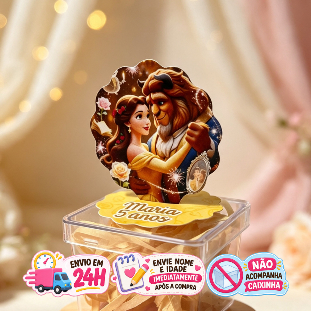 Aplique em Pé 3D Bela e a Fera Personalizado Lembrancinha Festa Infantil Kit 10 a 50 unidades