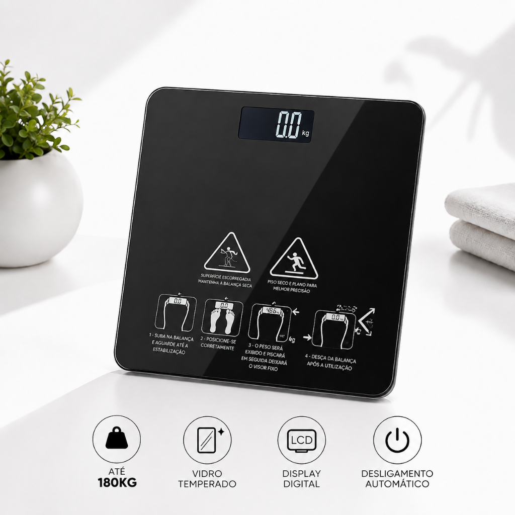 Balança Corporal Digital de Até 180kg Vidro Preto Temperado Premium Portátil