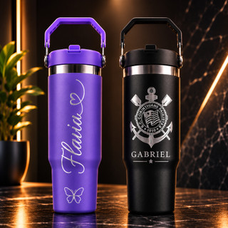 Garrafa Térmica de Água 900ml Personalizada a Laser Seu Nome Time Profissão Academia Trabalho Bico e Alça Premium