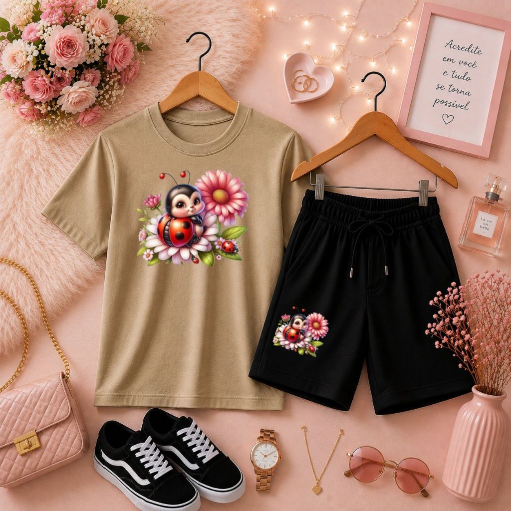 Look Completo para Menina Conjunto Infantil Feminino Camiseta Básica e Short de Moletom Confortável Estampa Joaninha