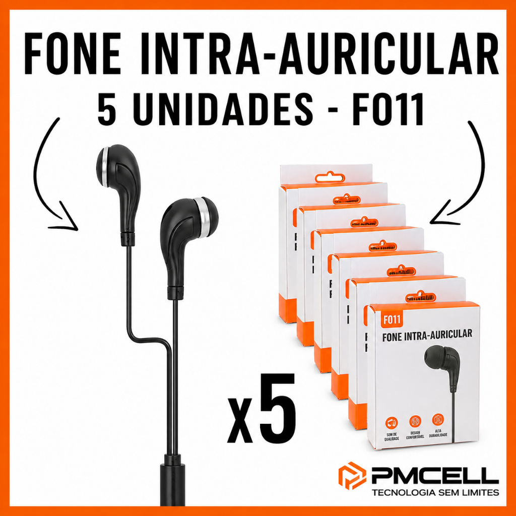 kit com 5 Unidades Fone Intra-auricular PMCELL FO11 com Microfone Integrado Cor Branca