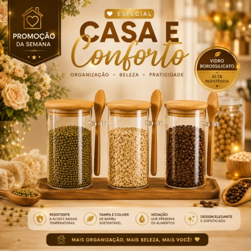Pote de Vidro com Tampa Colher Bambu 410ml Porta Temperos Açúcar Café Condimentos Grãos Borossilicato