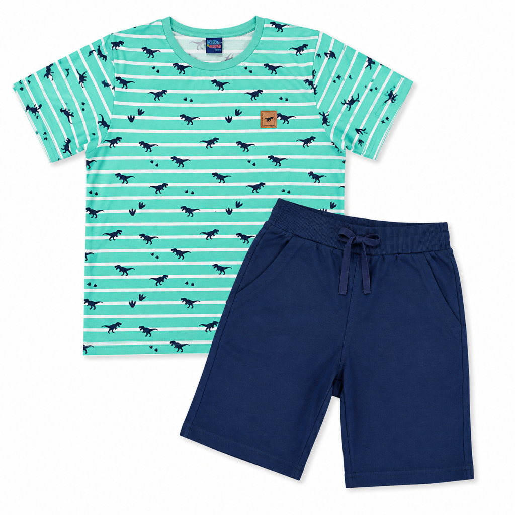 Conjunto Juvenil Menino Kiko e Kika Verão Camiseta Dinossauro 100% Algodão Bermuda Azul-Marinho Tam. 16