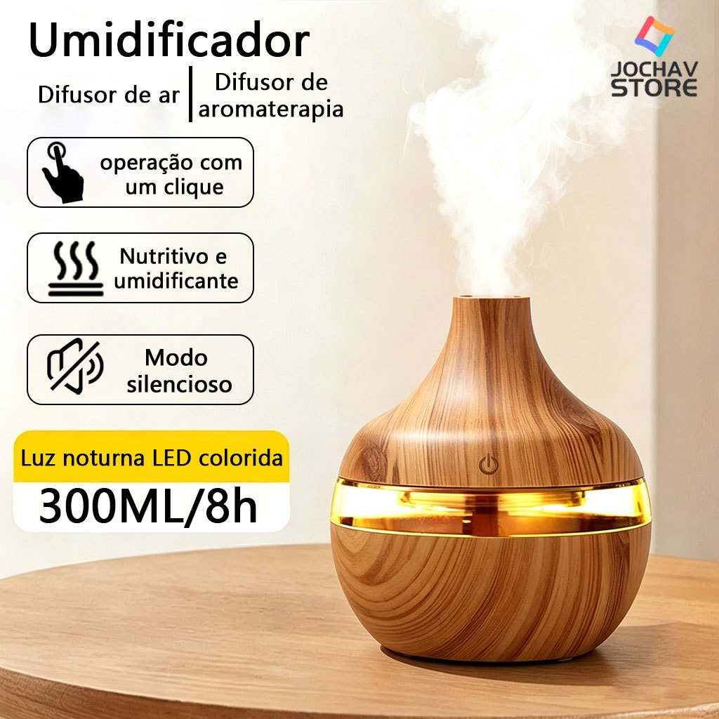 Umidificador De Ar LED Ultrassônico Madeira 8H Usb Difusor Aromatizador De Ambiente Purificador De Ar 300ml