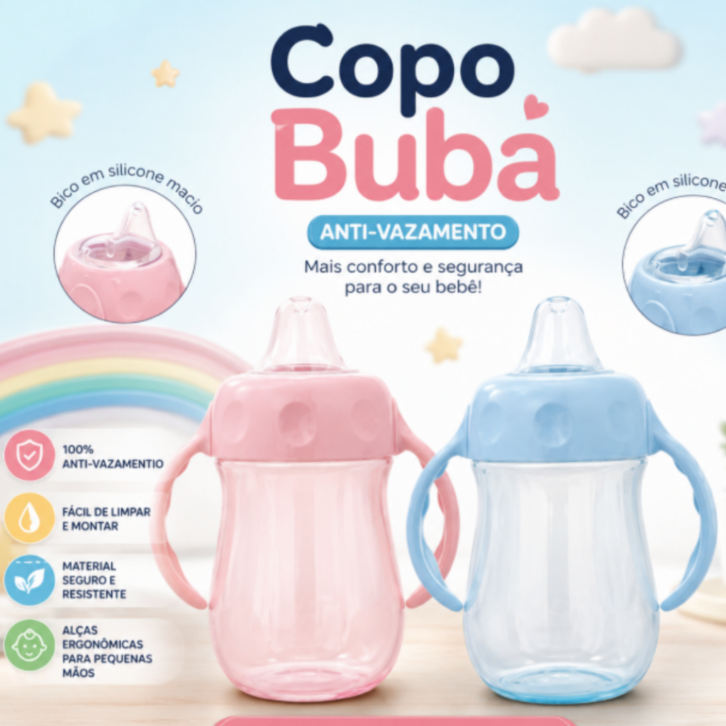 Copo Para Bebê Anti-vazamento Com Alça Bico Silicone Super Macio E Tampa Buba Lançamento
