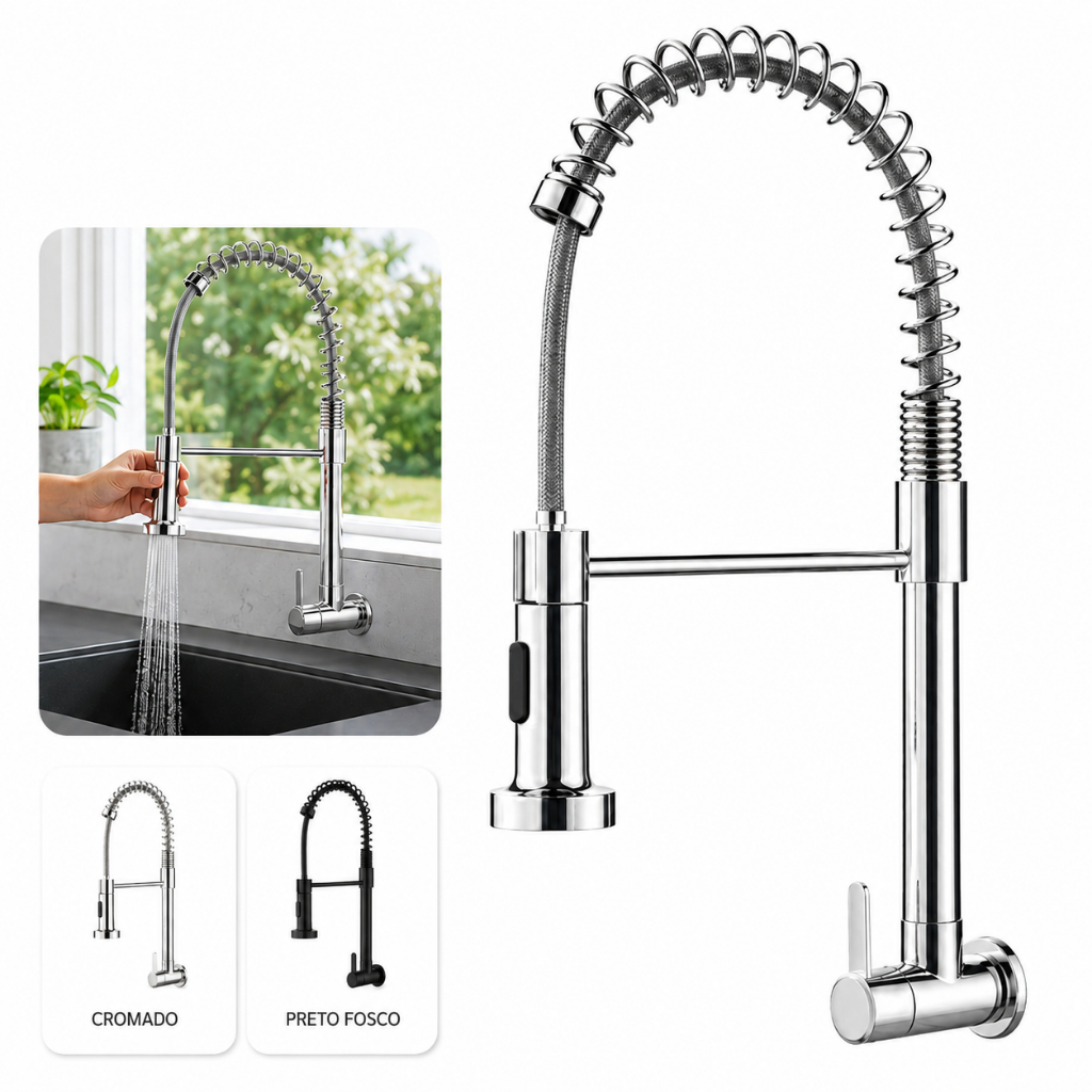 Torneira Gourmet Parede Para Pia Cozinha Flexível Duplo Jato 1/4 Volta Luxo Cromada Escovada Preta