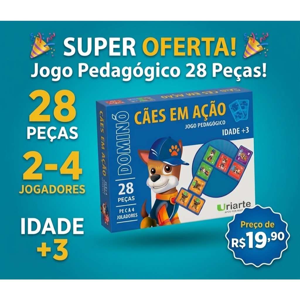 Jogo Pedagógico Dominó Cães Em Ação 28 Peças Infantil - Educativo, Raciocínio Lógico e Diversão Em Família