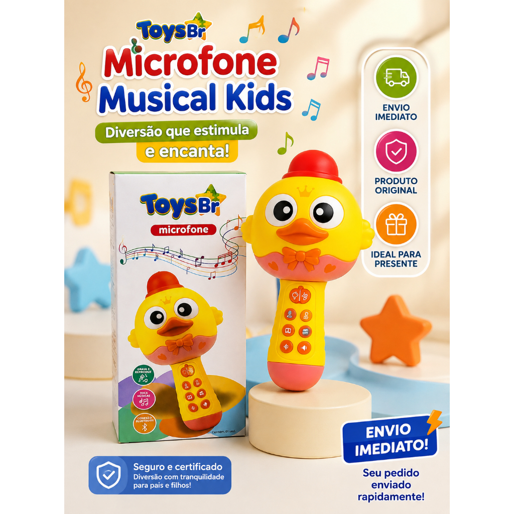 Microfone Infantil Recarregável com Bluetooth, Músicas, Histórias