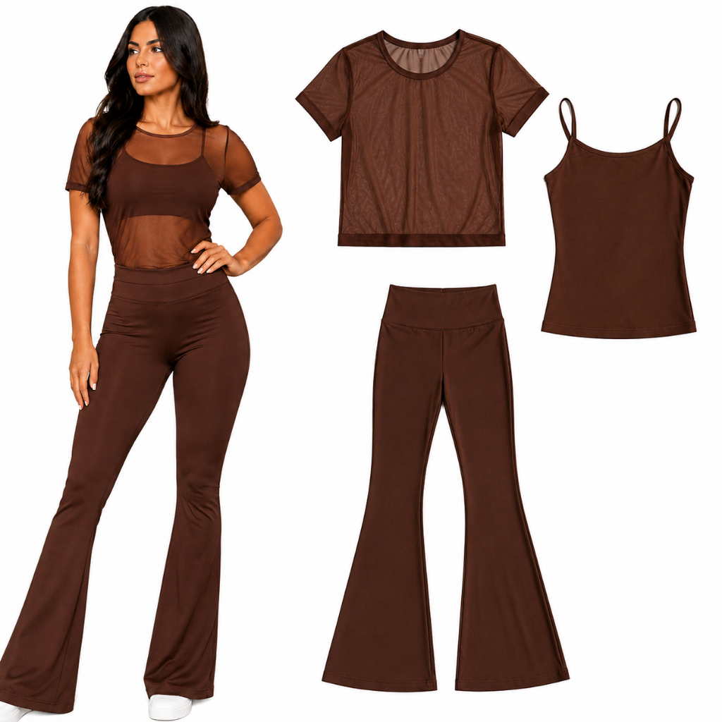 Kit Feminino 3 Peças Calça Bailarina Suplex + Blusa Tule Manga Curta + Regata Alça Fina