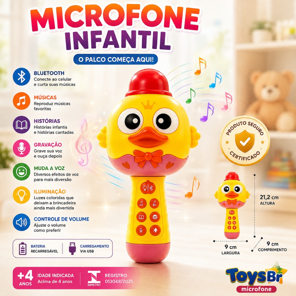 Microfone Infantil Recarregavel Bluetooth Musicas Historias Diversao Educativa Estimulo brinquedo