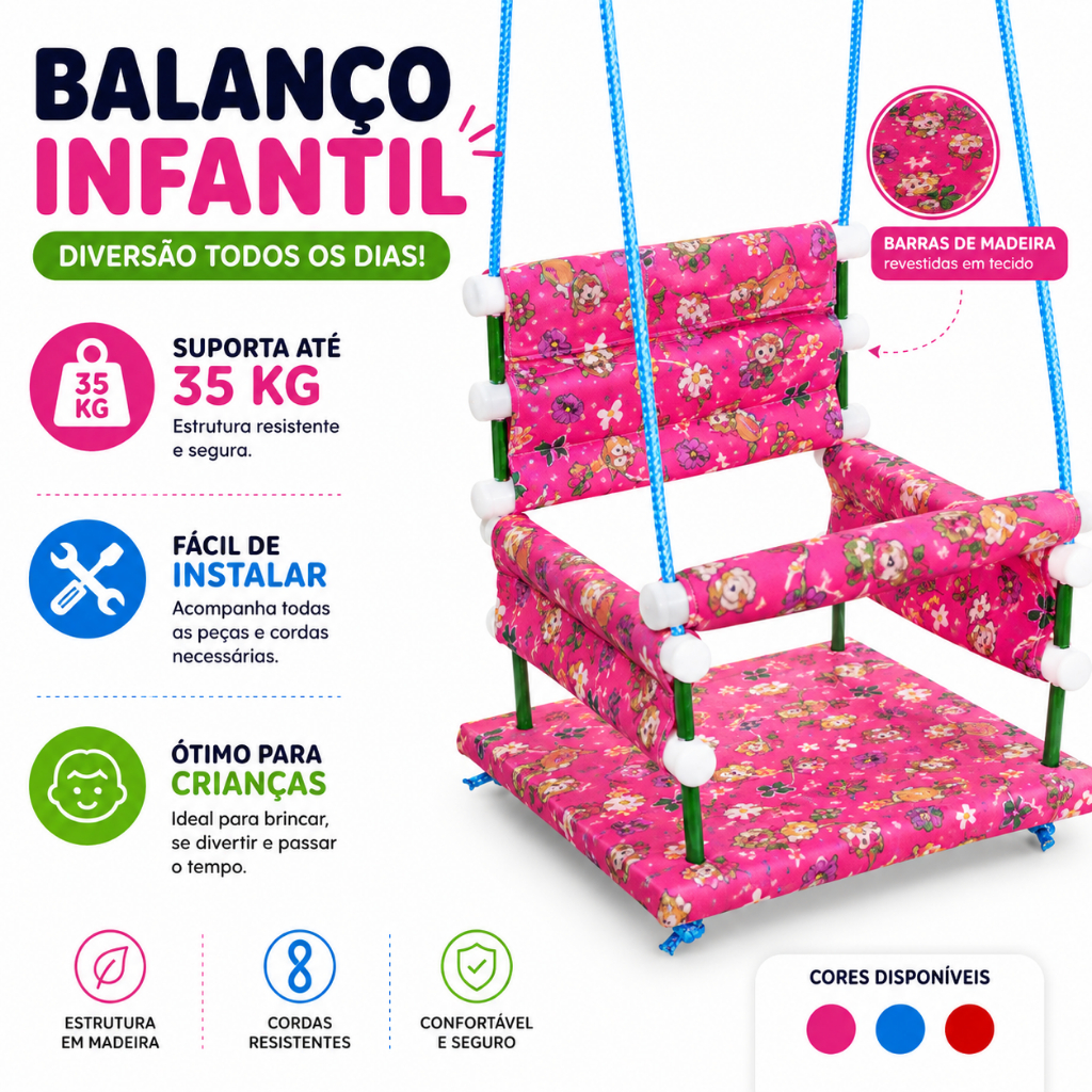 Balanço Infantil Madeira Com Encosto em Algodão (Suporta até 35kg)