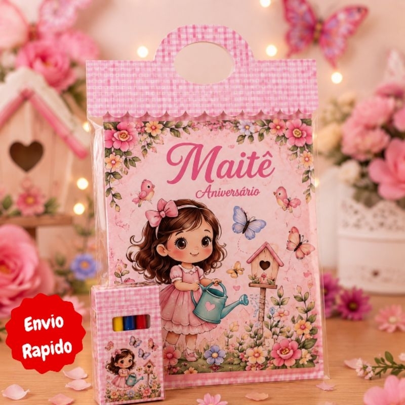 kit livrinhos de colorir e giz personalizado jardim encantado lembrancinhas de festa infantil mêsversário aniversário
