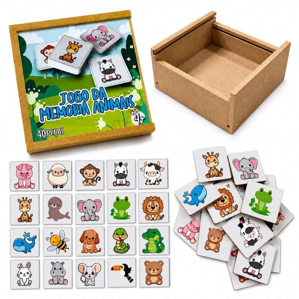 Jogo da Memória Animais Brinquedo Educativo Infantil Pedagógico Alfabetização Madeira Menina Menino