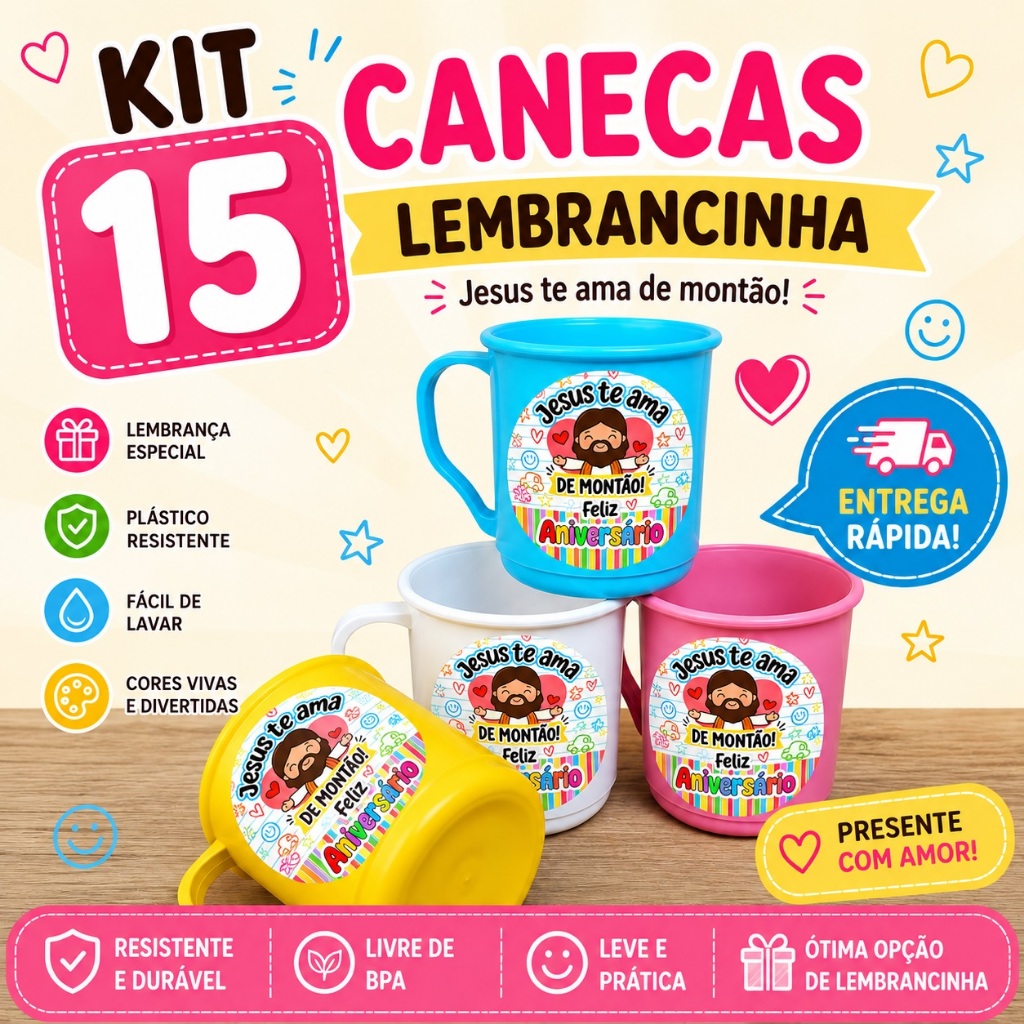 15 Canecas de Plástico Presente Aniversario Kit Lembrancinha Infantil Igreja Escola Creche personalizada
