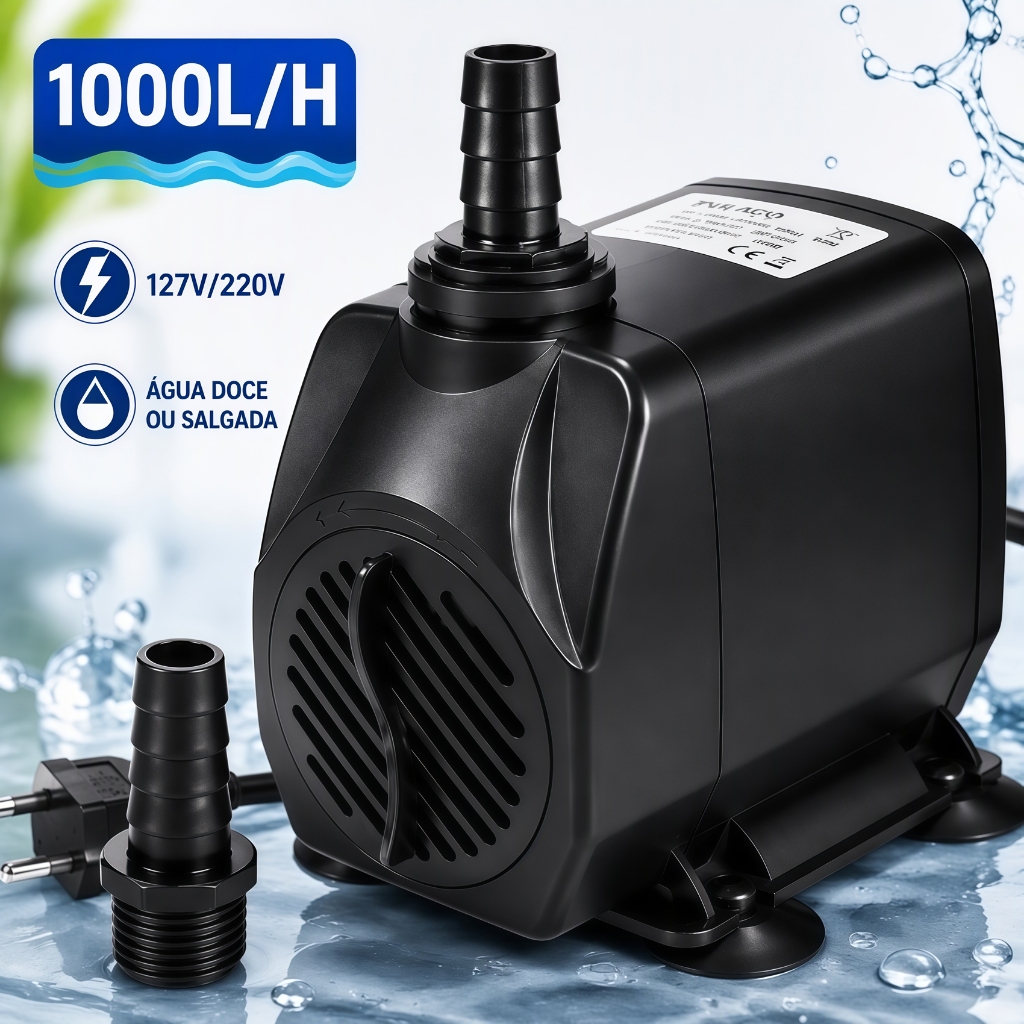 Bomba Aquario Submersa para Recalque Fonte Agua Lago Chafariz 1000L/H Aquatank