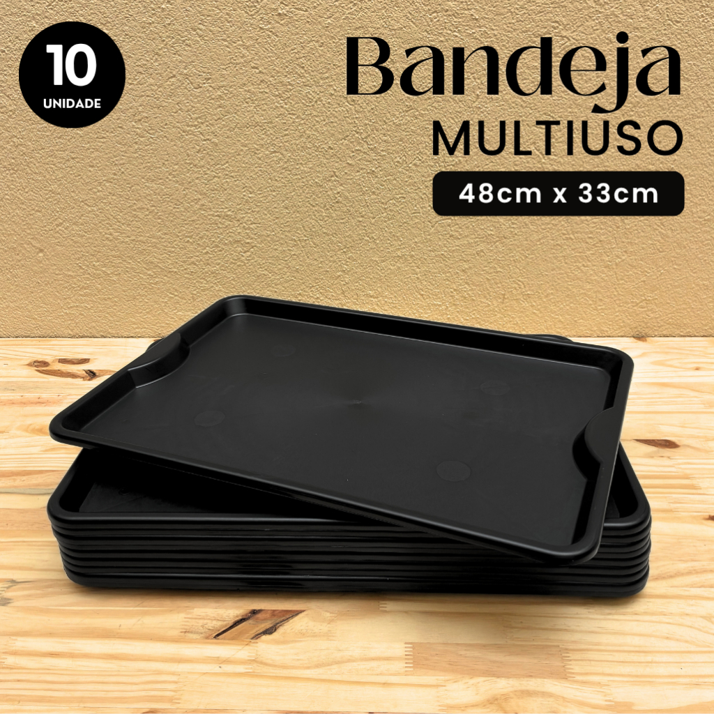 Kit 10 Bandejas Plásticas para Restaurante 48x33cm Preta Self Service Fast Food Buffet Refeitório Lanchonete
