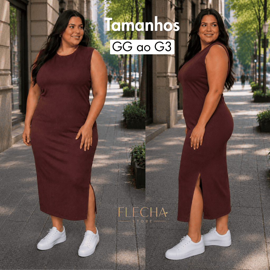 Vestido Midi Plus Size Feminino Ribana Premium Canelada Com Fendas Laterais Confortável Casual Elegante