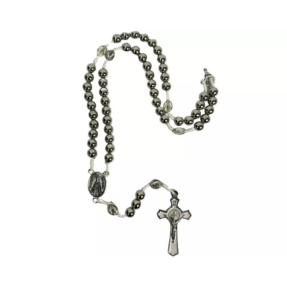 Terço Nossa Senhora Prateado com Medalha e Crucifixo – Rosário Católico Religioso para Oração e Presente