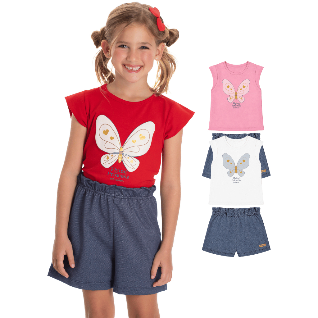 Conjunto Infantil Feminino Blusa Cotton Borboleta Bermuda Cotton Tamanhos 4 6 8