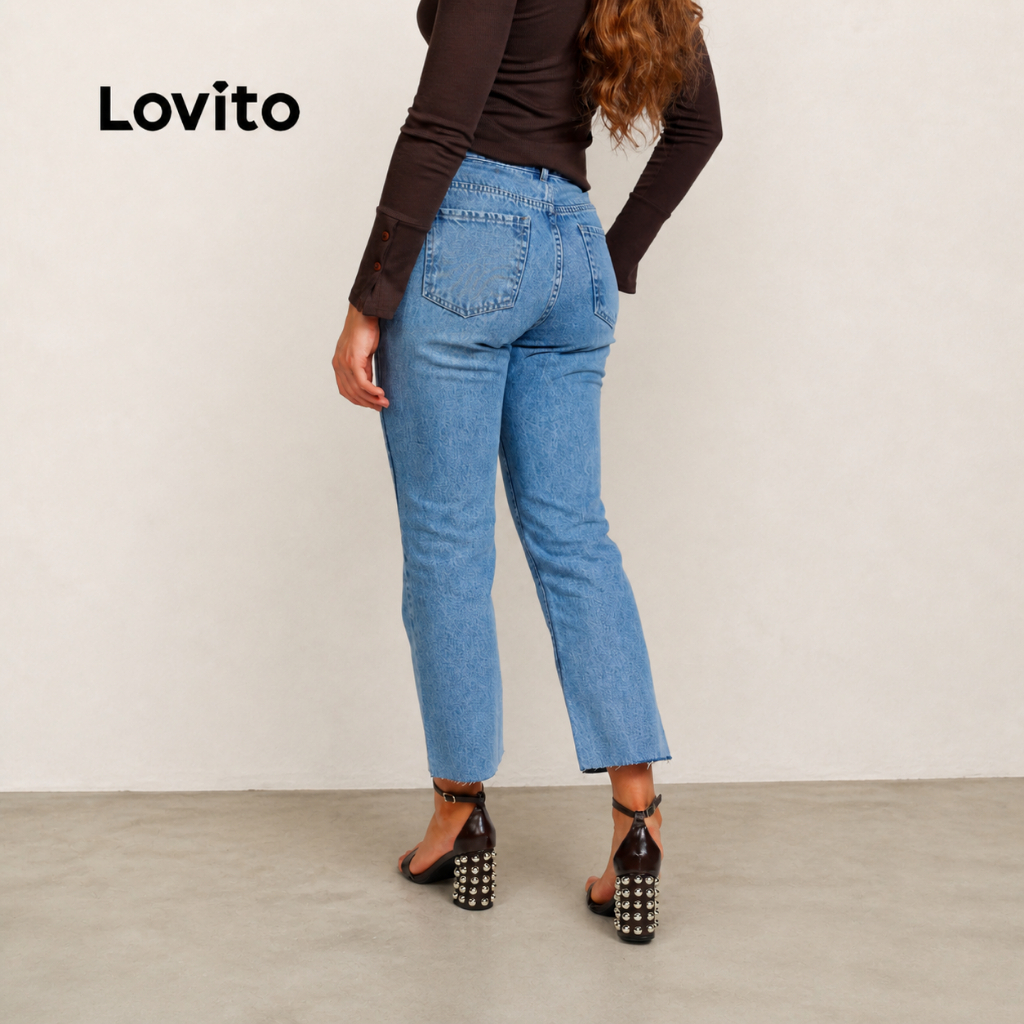 Lovito Calça Jeans Cintura Média 100% Algodão Feminina Modelagem Reta JNB19872017 · foto 2