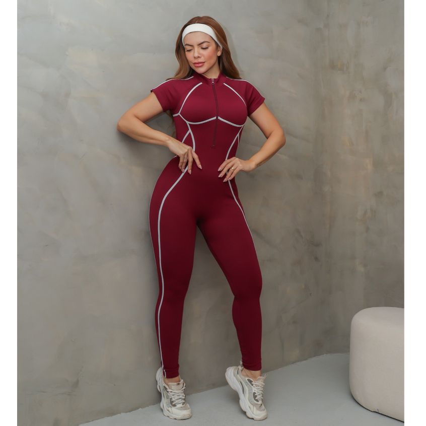 Macacão Fitness Feminino Esportivo Manga Curta com Zíper Academia Treino SD1935