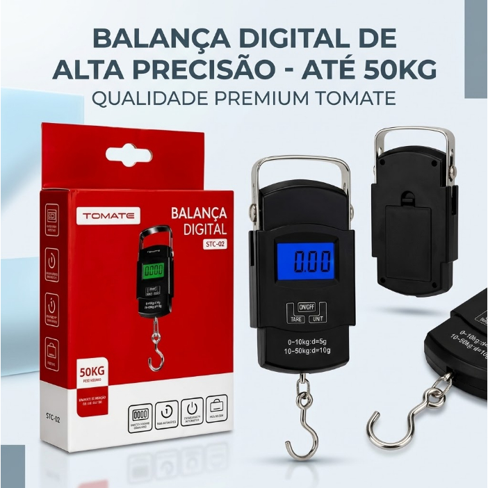 Balança Digital Portátil STC-02 Até 50kg Gancho 10g para Pesca Viagem Compras e Bagagem