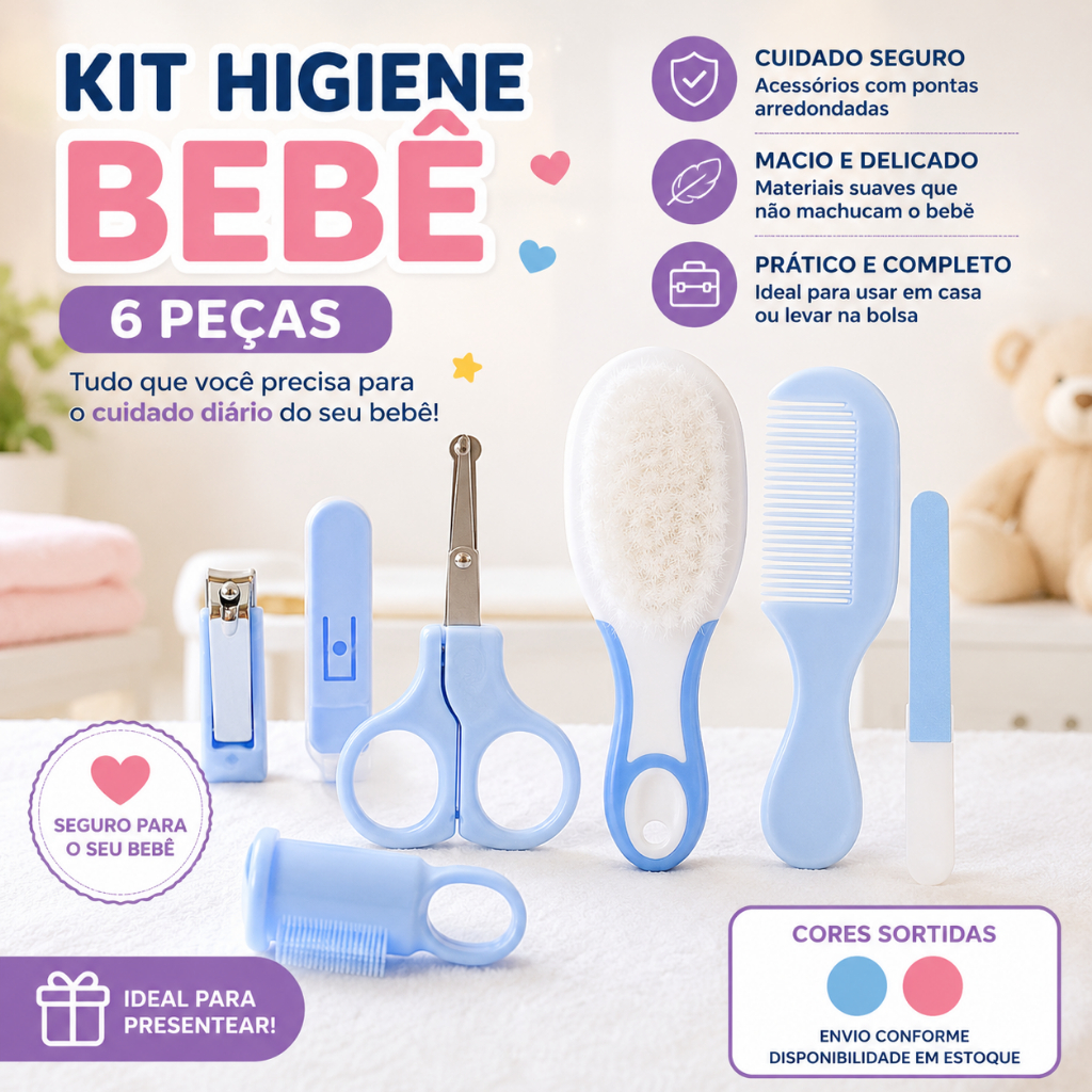 Kit Higiene Bebê 6 Peças com Tesoura Cortador de Unhas Escova e Pente Infantil