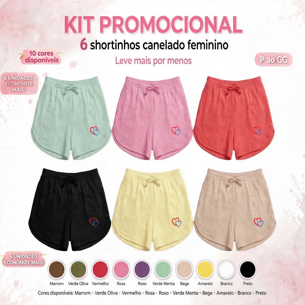 Kit 6 Shorts feminino Malha Canelada Modelo Box Super Confortável e Estiloso Tendencia