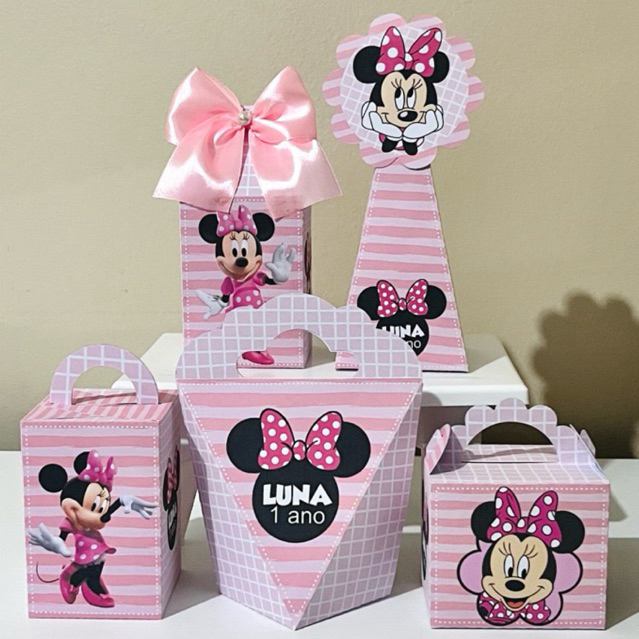Caixinhas personalizadas Minnie Rosa Kit Festa infantil Pegue e monte