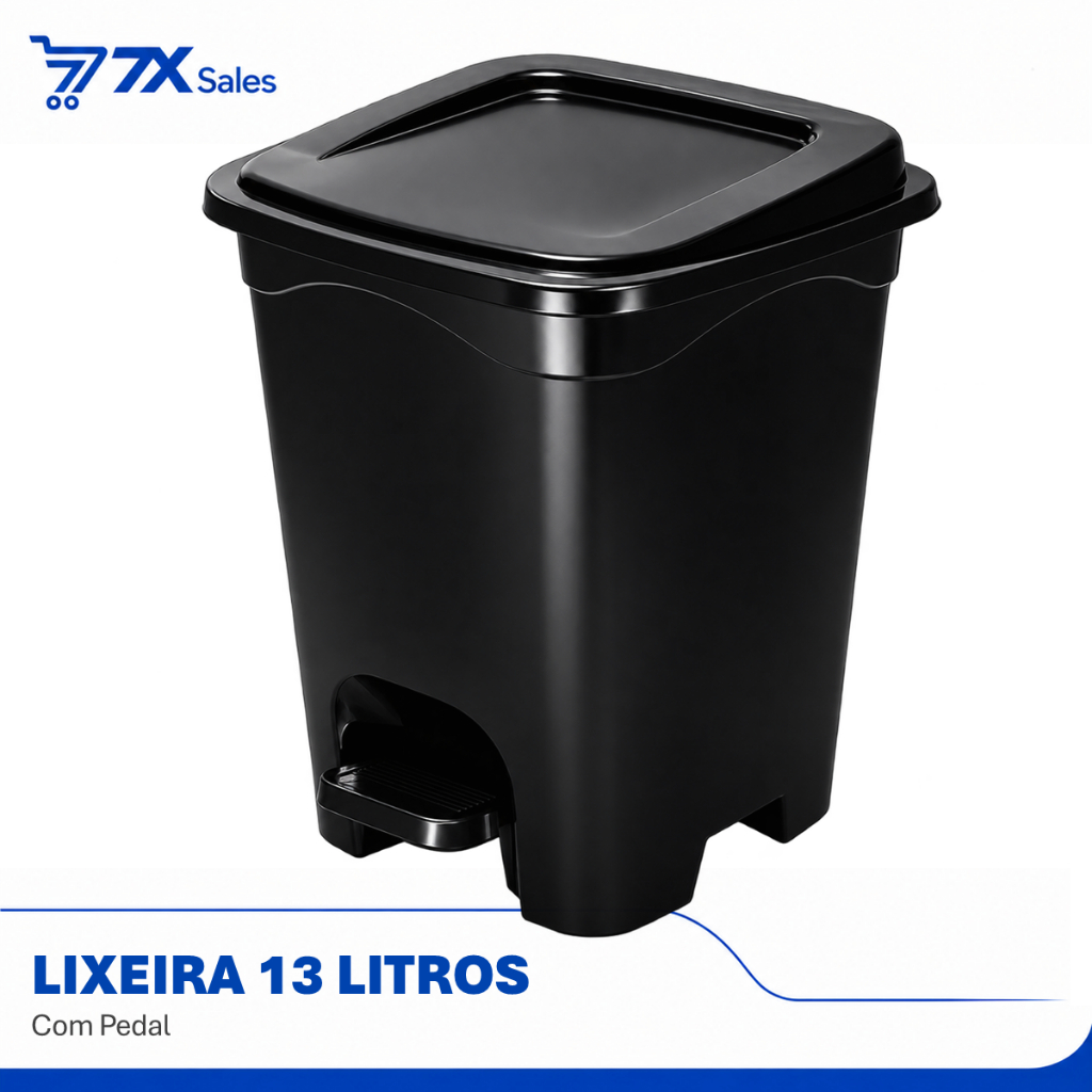 Lixeira 13 Litros Abertura por Pedal Preta Quadrada