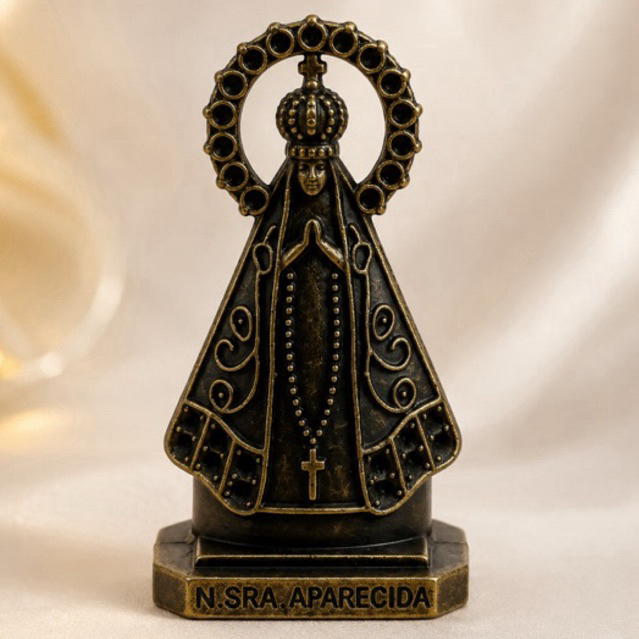 Kit Santinha Imagem Nossa Senhora Aparecida Painel Carro Bronze Metal