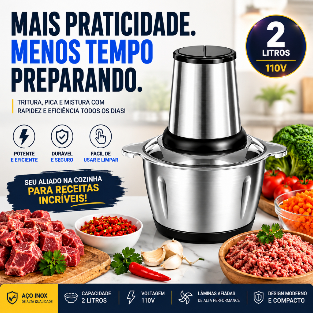 Moedor de Carne Elétrico 2L Inox 110V Processador Triturador de Alimentos Legumes Alho Cebola Temperos