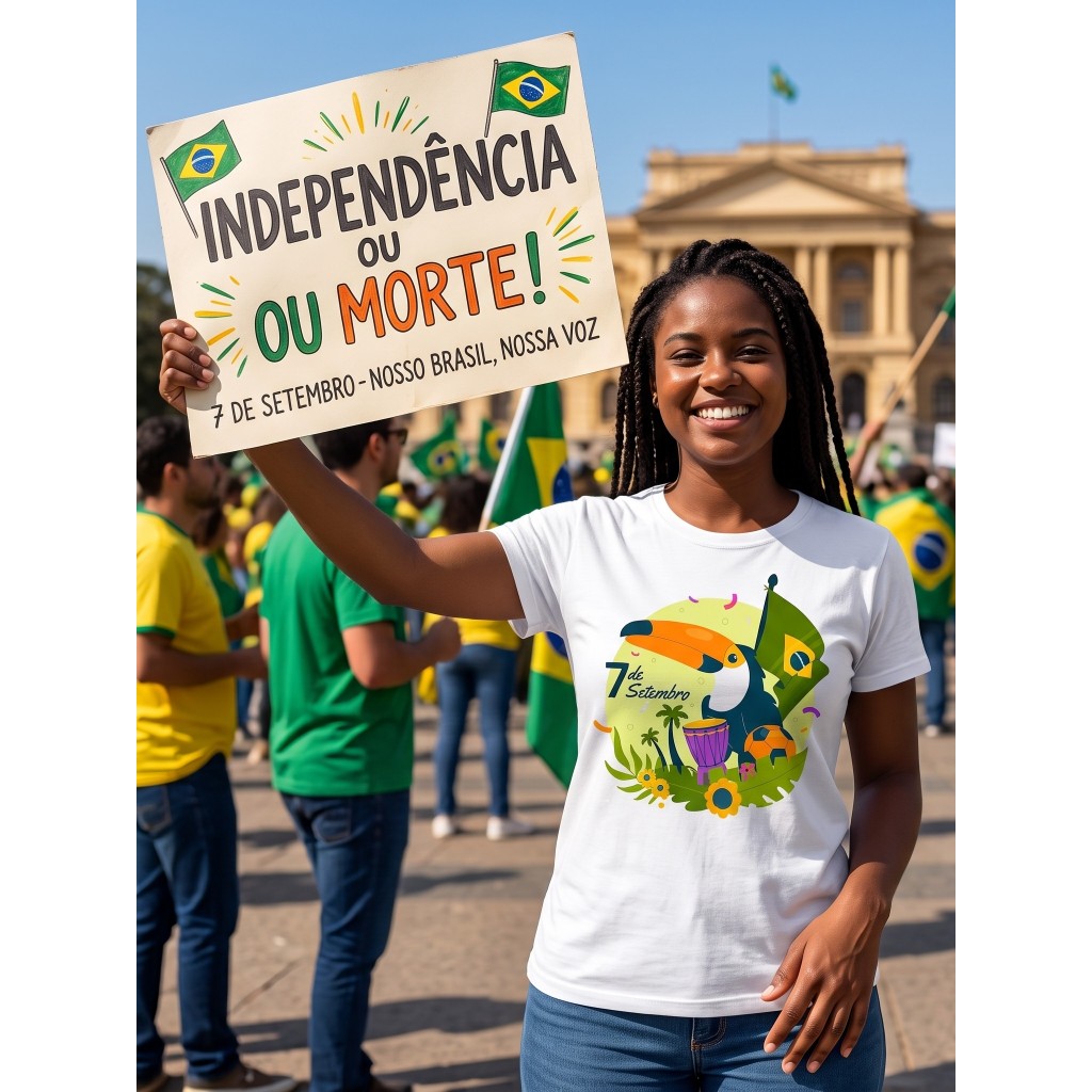 Camiseta poliéster branca personalizada independência do Brasil, sete de setembro, 7 de setembro, unissex, envio rápido.