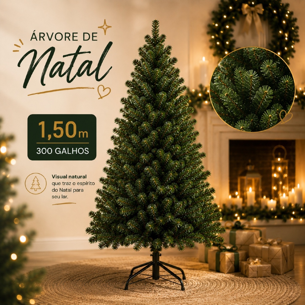 Árvore De Natal Premium 150cm 300 Galhos Pinheiro Luxo Cheia