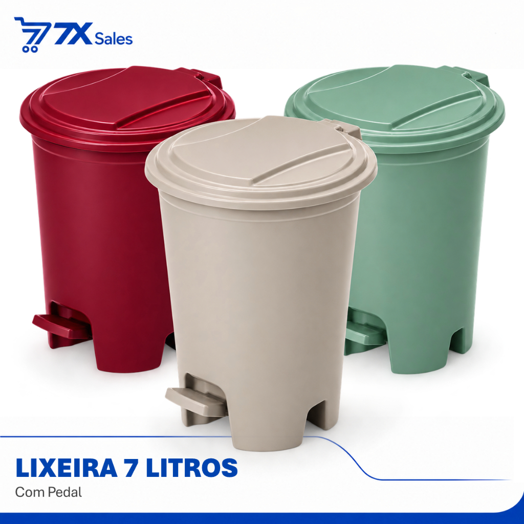 Lixeira 7 Litros Abertura por Pedal Redonda Vermelha Verde ou Bege