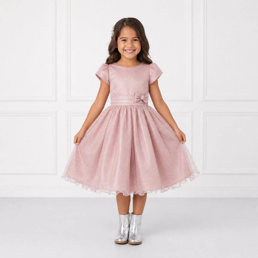 Vestido Glitter Nervura Rose Menina Princesa Festa Casamento