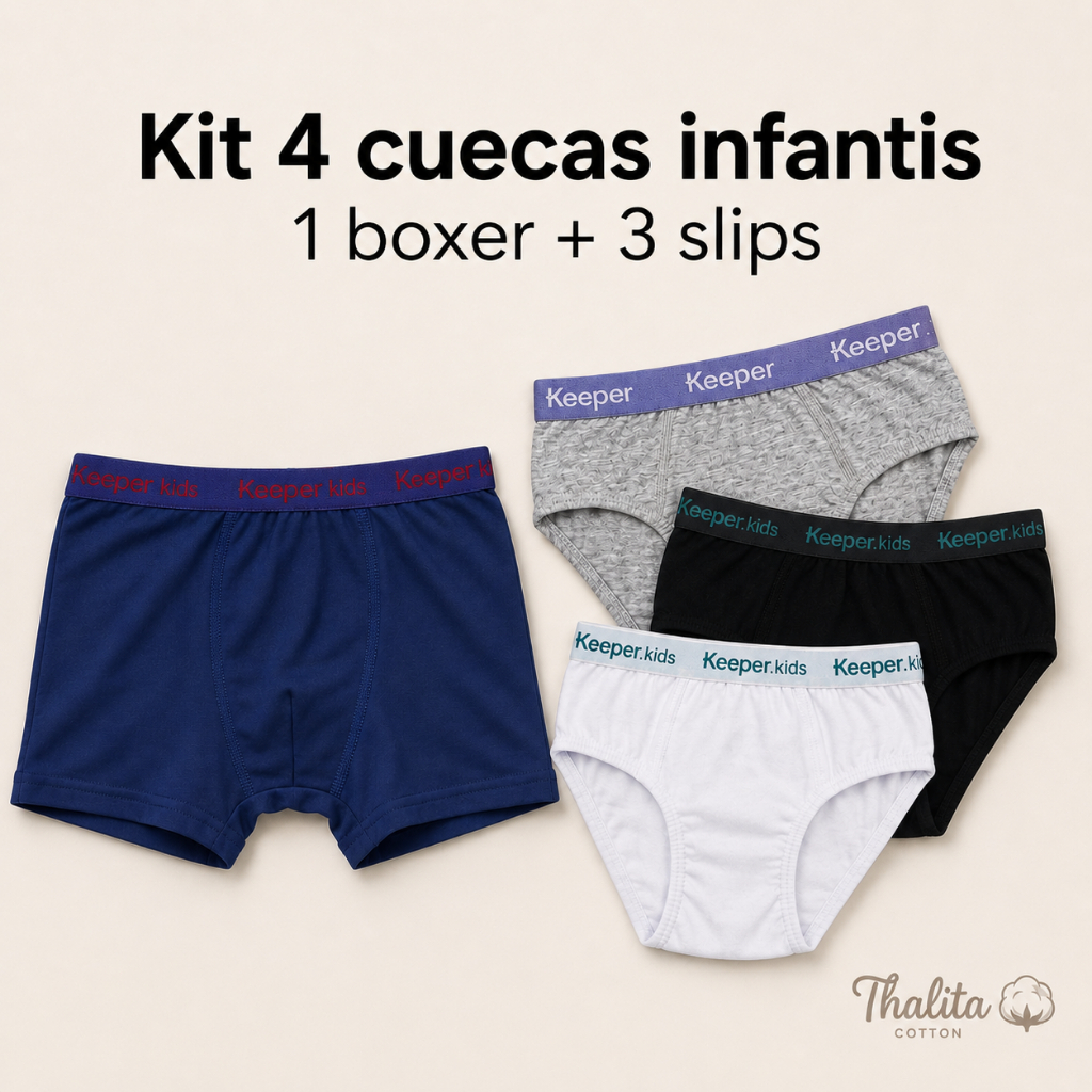 Kit 4 cuecas infantis em algogão (3 cuecas slip) e microfibra (1 cueca boxer) marca Keeper para crianças de 2 a 12 anos