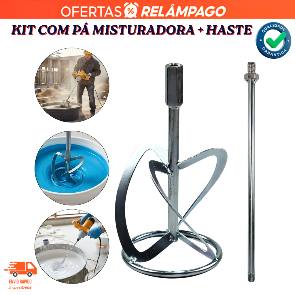 Kit Pá Misturadora e Haste Universal Menegotti Vonder Lynus Argamassa Tinta Gesso Massa Resistente