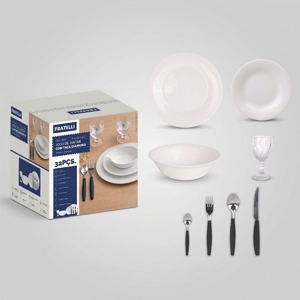Jogo de Aparelho De Jantar 32 Peças Vidro Branco Com Talheres E Taças Diamond