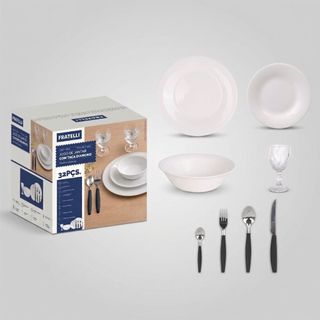 Jogo de Aparelho De Jantar 32 Peças Vidro Branco Com Talheres E Taças Diamond