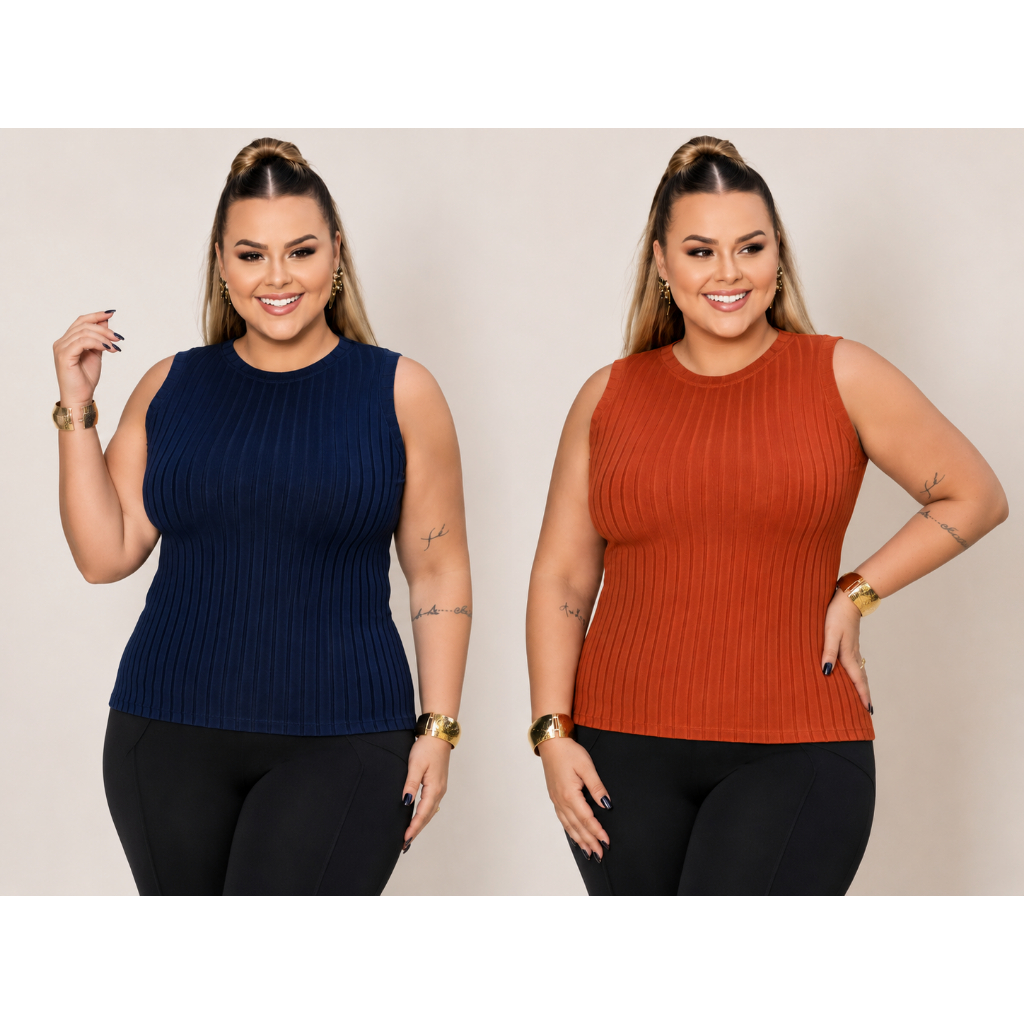 Kit 2 Blusas Plus Size Femininas Caneladas Premium Regata Gola Redonda – Marinho e Terracota